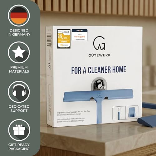 GÜTEWERK Silicone Shower Squeegee with 3-in-1 No-Drill Mount, Blue, 9'' - color: Blue, size: 9 Inches