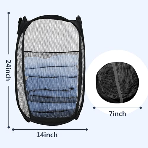 Pop Up Laundry Hamper, Mesh Laundry Basket Collapsible, Foldable Hamper for Travel and Storage (Black) - color: Black