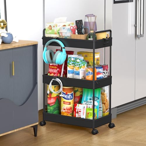 SOLEJAZZ 3 Tier Slim Rolling Storage Cart Organizer with Wheels, Black - color: Black, size: 3-Tier, 8.66"D
