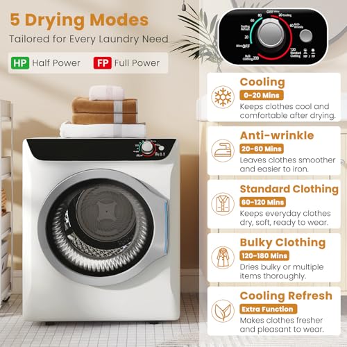 Auertech 2.6 CU. FT. Portable Dryers for Laundry, Compact Clothes Dryer with Stainless Steel Tub, 1400W Dryer Machine, Electric Dryer with Control Knob for Apartment, Dorm, RV, White - size: 2.6 CU. FT.
