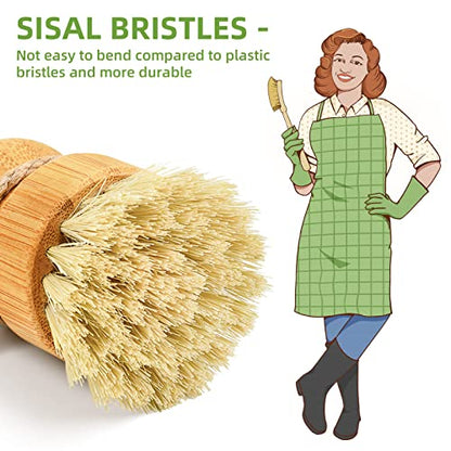 SUBEKYU Bamboo Dish Scrub Brush,Produce Brush,2 Pack with Holder - color: Sandstone Base + 2p Sisal Brushes, size: Regular size