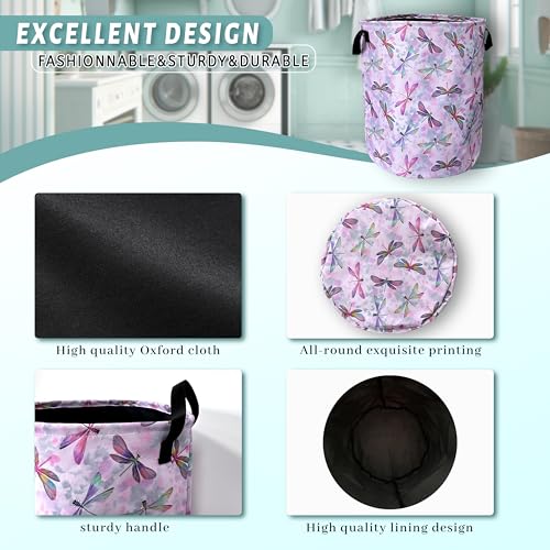 Watercolor Dragonfly Laundry Basket Oxford Cloth Foldable Hamper18.9x16.5In - color: Pink Wtercolor Dragonfly