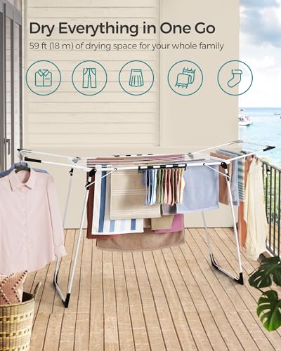 SONGMICS Clothes Drying Rack, Foldable, Heavy Duty, Space Saving - color: White, style: 2 Gullwings（22.2"D)