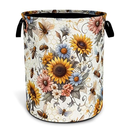 Bee Sunflower Laundry Basket Flower Foldable Waterproof Oxford Cloth - color: bee flower