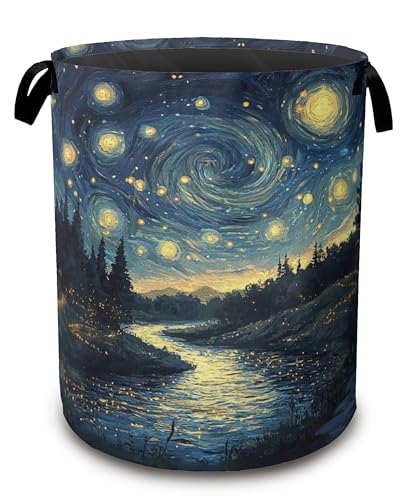 Night Sky Laundry Hamper,Collapsible Laundry Baskets,Stream Fireflies Dirty Clothes Baskets with Handles,Oxford Cloth Hamper for Bedroom,Bathroom,College Dorms, 16"x20" - color: Night Sky,Stream Fireflies