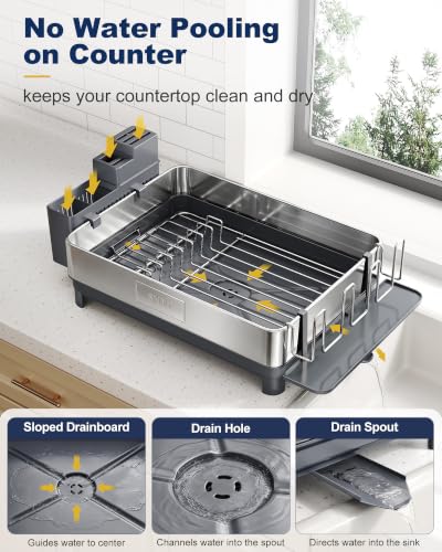 SNTD 304 Stainless Steel Dish Drying Rack for Small Kitchen Counter, Grey - color: Gray