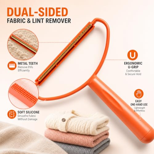 Dual Sided Pet Hair Remover Tool for Carpet, Sofa and Clothing, Reusable Dog & Cat Fur Remover with Ergonomic Handle, Lint and Debris Cleaner for Upholstery, Rug, Car Seat and Pet Bed Orange - color: Orange