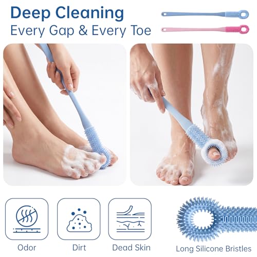 Foot Scrubber with Pumice Stone & 2 Pcs Toe Cleaning Brush, Long Handle Callus Remover for Feet, Toe Cleaning Brush for Dead Skin, Shower Foot Brush for Seniors, Elderly, Men Women (Include 4 Hooks)