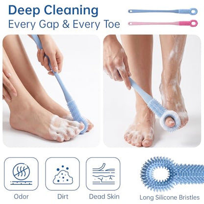 Foot Scrubber with Pumice Stone & 2 Pcs Toe Cleaning Brush, Long Handle Callus Remover for Feet, Toe Cleaning Brush for Dead Skin, Shower Foot Brush for Seniors, Elderly, Men Women (Include 4 Hooks)