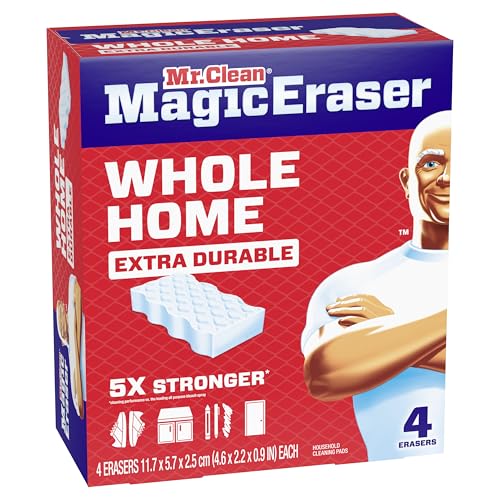 Mr. Clean Magic Eraser Sponge, All Purpose Cleaner, Cleaning Scrubber, Wall, Sneaker, Kitchen, Bathroom, Shower Cleaner, Cleaning Supplies, Melamine Sponge, Cleaning Pads, Extra Durable, 4ct