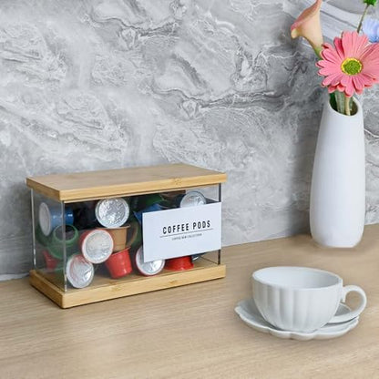 Coffee Pod Holder Laundry Pods Container, Acrylic Dishwasher Pod Container with Bamboo Lid and Extra Labels, Candy Dispenser for Coffee Bar Kitchen Countertop