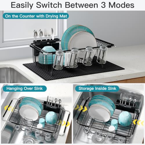 JASIWAY Black Dish Drying Rack in Sink with Mat, Cups and Utensil Holder - color: Black, size: For 12"-30"w Sink, with Mat