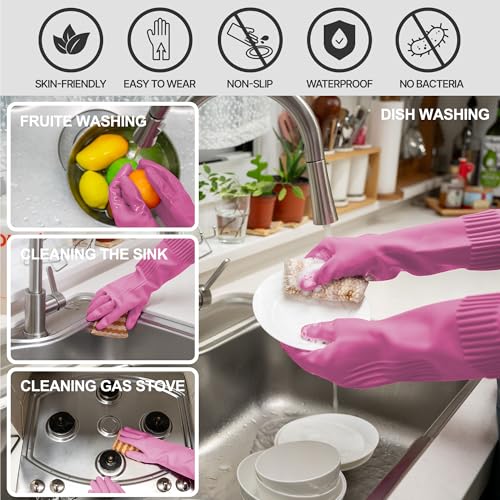 Mamison Rubber Dishwashing Gloves, Non-Slip Kitchen, Pink Large, 2 Pairs - color: Pink, size: Large (Pack of 2)