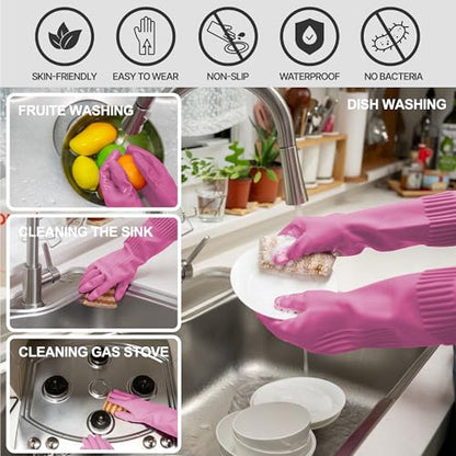 Mamison Rubber Dishwashing Gloves, Non-Slip Kitchen, Pink Large, 2 Pairs - color: Pink, size: Large (Pack of 2)