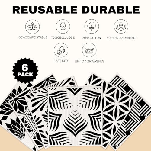 6 Pack Swedish Dishcloths Black White Geometric Kitchen Towels 02 - color: Multi 1529