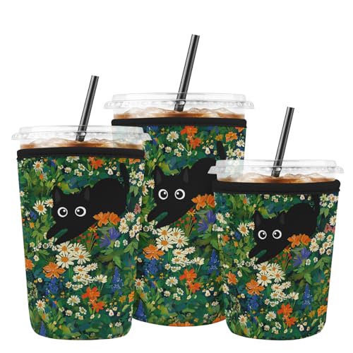 Iced Coffee Sleeve Reusable Neoprene Cup Sleeves, Cat Garden - color: Cat Garden