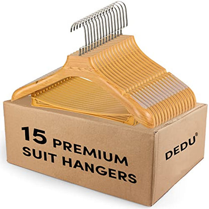 DEDU Suit Hangers for Men 15 Pack Width 17.5", Coat Hangers No Shoulder Bump Non Slip, Plastic Extra Wide Shoulder with Pants Bar & Metal Hook (Natural) - color: Natural, size: 15 Pack