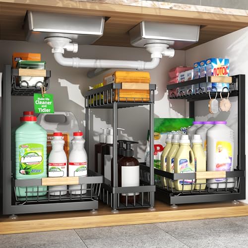Sevenblue 3-Pack 2-Tier Height Adjustable Under Sink Organizer, Black - color: Black