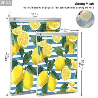Mesh Laundry Bags Lingerie Bags for Washing Delicates 2 PCS Durable Wash Bag with Zipper Small and Medium Washable Blue Striped Summer Lemons - color: Blue Striped Summer Lemons