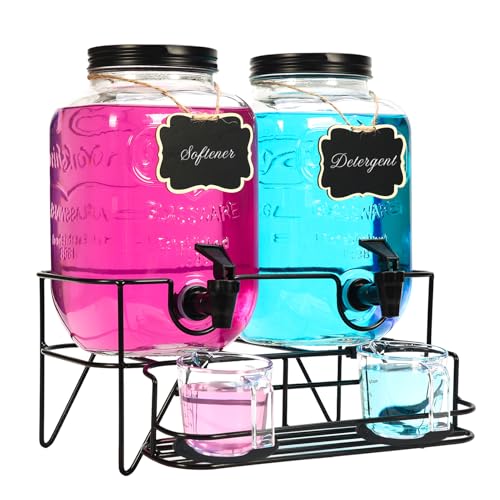 Roetell 2 Sets 1 Gallon Laundry Detergent Dispenser with Stand, Measuring Cup, Glass Laundry Detergent Containr for Laundry Room Organization - color: Black