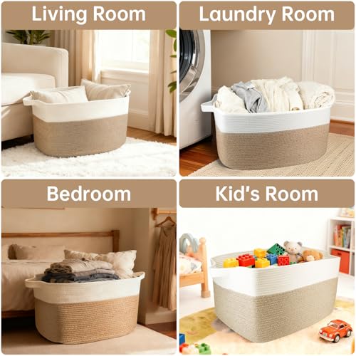 75L Large Basket 22" x 17" x 12",Large Blanket Basket with Handle,woven Cotton Rope baskets for storage,Storage Baskets for Organizing - color: Brown&White