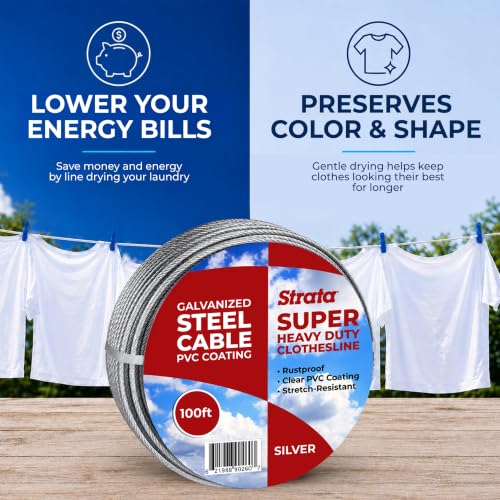 Strata 100 ft Outdoor Clothesline, Super Heavy-Duty Galvanized Steel Cable - color: Super Heavy Duty, size: 100 feet