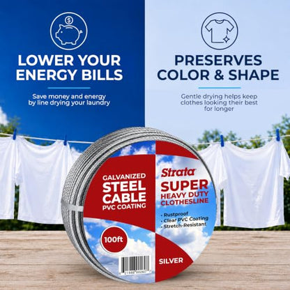 Strata 100 ft Outdoor Clothesline, Super Heavy-Duty Galvanized Steel Cable - color: Super Heavy Duty, size: 100 feet