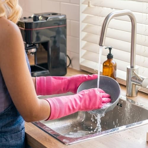 Rubber Dishwashing Gloves, 3 Pairs, Long Cuff Cleaning Gloves - color: Colors (3 Pairs), size: Large