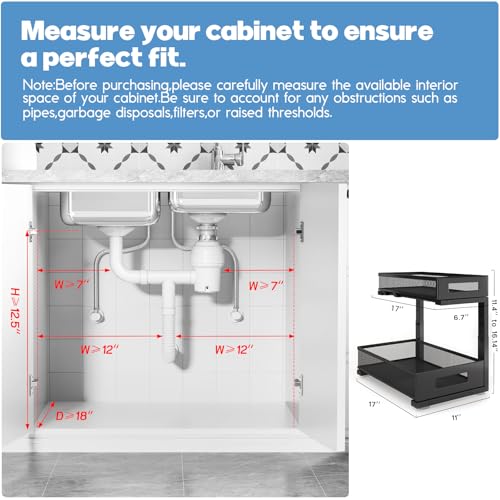 1 Pack 17IN Depth Under Sink Storage Organizer, Large 2-Tier Elegant Mesh Pull Out Shelf for Kitchen and Bathroom Cabinet Organization, L-Shaped and Adjustable Height Design-Black - color: Black, size: 1 Pack-17"Dx11.4"-16.14"H