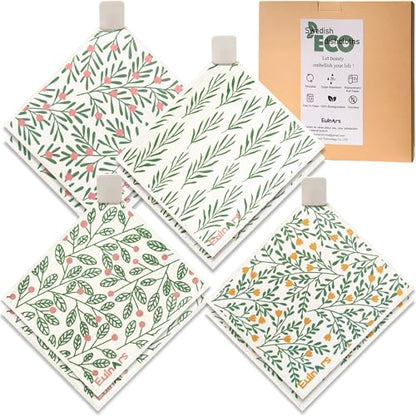 Eulnars Swedish Dishcloths for Kitchen, 8 Pack Green Reusable Paper Towels with Clips, Non-Scratch Swedish Kitchen Towels, Super Absorbent Cellulose Sponge Cloths, Dishwasher Safe, No Odor - color: Green Leaves