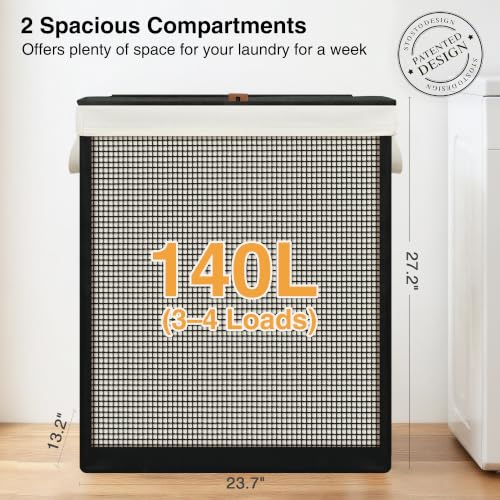 STO STO 2 Section Laundry Hamper with Lid, 140L Steel-Frame Double Laundry Hamper with Removable Washable Liner, Breathable Large Laundry Basket for Bedroom, Bathroom, Laundry Room, Dorm, Closet - size: 2-Section