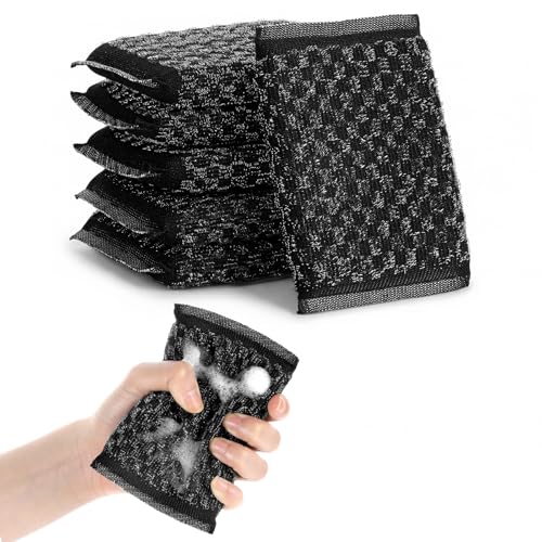 6 Pack Steel Wool Scrubber Sponge Scouring Pad Kitchen Metal Sponge,Black - color: Black, Diamond Pattern