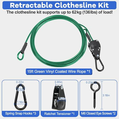 TooTaci 15ft Outdoor Clothesline Kit, 3/16" Green PVC Coated Clothes Cable - size: 15ft