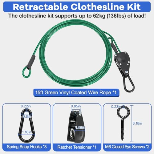 TooTaci 15ft Outdoor Clothesline Kit, 3/16" Green PVC Coated Clothes Cable - size: 15ft
