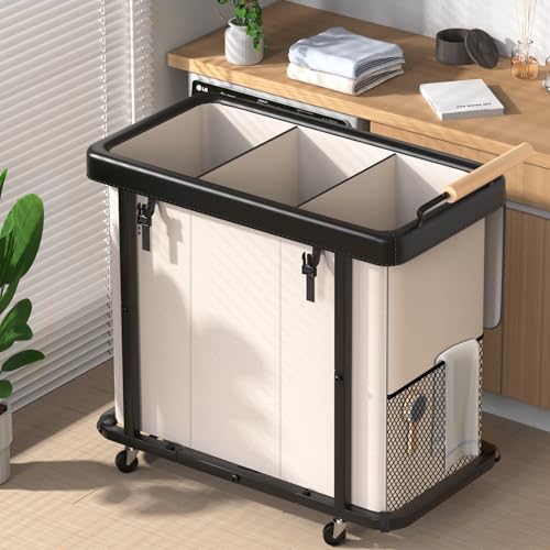 Rolling Laundry Hamper with Wheels,Laundry Hamper 3 Section with Lid Beige - color: Beige-3 Section, size: 3 Section