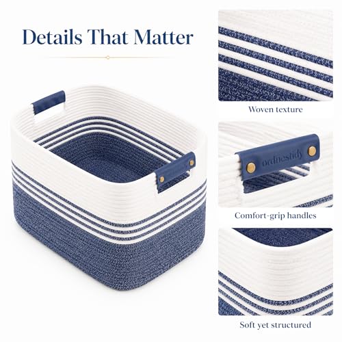 Cotton Rope Laundry Basket Large, 19.2GAL Collapsible Woven Storage Baskets for Living Room Kids Toys Stuffed Animal,Boho Rectangular Decorative Short Hamper for Dirty Clothes, Blankets Denim Blue - color: DenimBlue, size: 19.2GAL