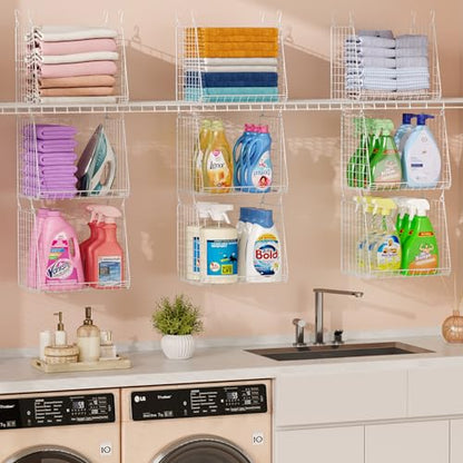 3-Pack Extra-Tall 13.6'' Hanging Laundry Basket Organizer, Foldable Wire Shelf with 360° Rotating Hooks & Reinforced Height - Durable Space-Saving Laundry Room & Closet Organizer, White Patent - color: White