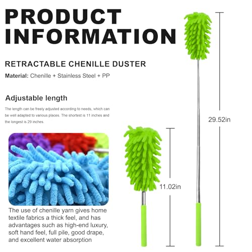 Microfiber Feather Duster with 29 in Telescoping Pole and Bendable Head for Ceiling Fans, Ceilings, Blinds, Furniture and Cars, Green - color: Green