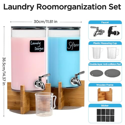 Glass Laundry Detergent Dispenser with Holder,1.1 Gallon Laundry Liquid Dispensers with Stainless-Steel Tap,Large Glass Fabric Softener Containers with Stand for Laundry Room Organization - size: 2 pcs