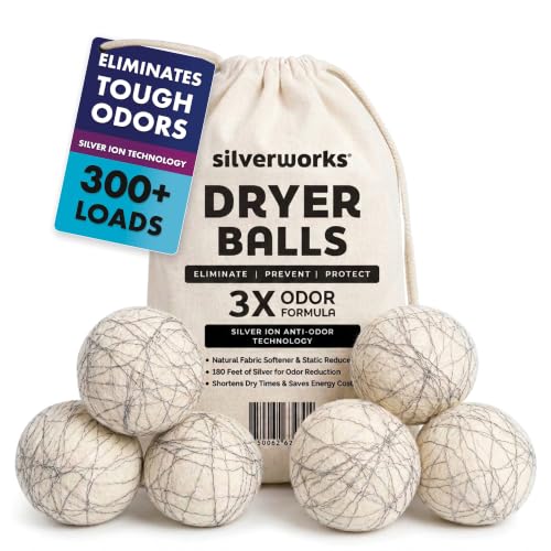 SilverWorks! Wool Dryer Balls Laundry Reusable - Odor Eliminating Dryer Laundry Balls with Silver Technology - Natural Fabric Softener and Static Reducer, Reduce Drying Time and Energy Costs - 6 Pack - color: White, size: 6 Count