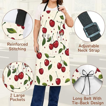 Cooking Aprons for Men and Women,Adjustable Bib Chef Apron with 2 Pockets, Soft and Durability Kitchen Apron - color: Cute Red Cherry