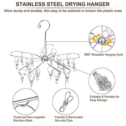 Foldable Clothes Drying Rack Stainless Steel Clothes Drying Hanger with 20 Clips, Laundry Hanging Dryer for Underwear, Sock, Bra, Lingerie, Hat, Scarf, Gloves, Diapers, Towels, Baby Clothes - size: 20 Clips (1-Pack)