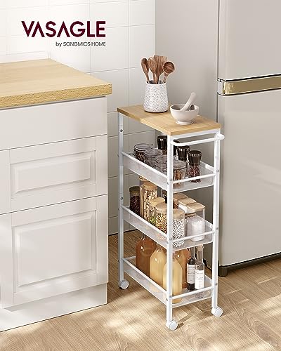 VASAGLE 4-Tier Slim Rolling Storage cart with Wheels, 8.7 Inches, Metal - color: Oak Beige + Classic White, size: 4 Tiers (8.7"D x 30.3"H)