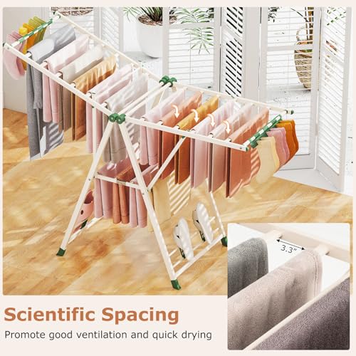 GIANTEX Foldable Metal Clothes Drying Rack, 64" Height Adjustable Wings - color: Beige, size: 64"L x 39"-62"H