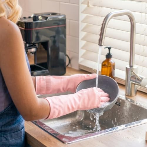 Rubber Dishwashing Gloves, 3 Pairs, Long Cuff Cleaning Gloves - color: Pink (3 Pairs), size: Small