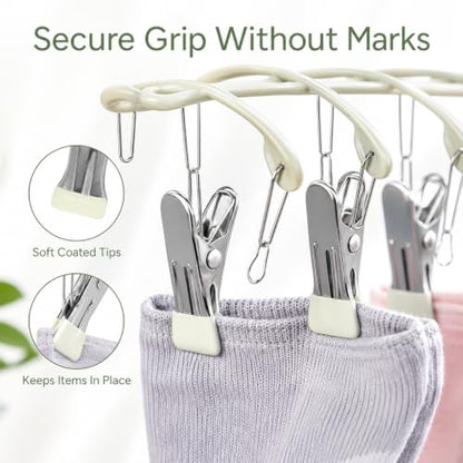 Sock Drying Rack with 20 Clips, Stainless Steel Laundry Hanger for Underwear, Space-Saving Clothes Airer with Foldable Hook, Non-Slip Clip Organizer Drying Station for Small Items