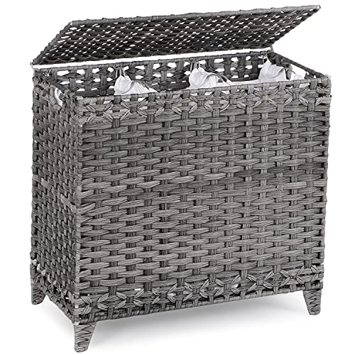 Laundry Hamper with 3 Removable Liner Bags, 132L Laundry Sorter with Lid - color: Gray, size: 132L-3 Section