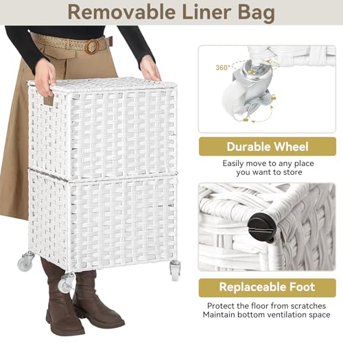 Chrislley Wicker Laundry Basket with Wheels,Rolling Laundry Hamper with Lid - color: White