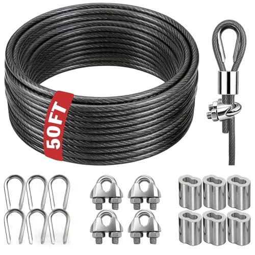NAZOU 3/16 Inch Coated Steel Wire Rope, Hanging String Lights, Clotheslines - color: Gray, size: 50FT