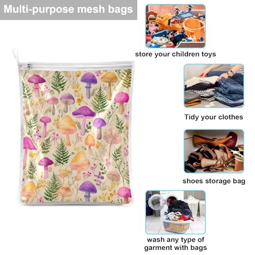 Mesh Laundry Bags Lingerie Bags for Washing Delicates 2 PCS Durable Wash Bag with Zipper Small and Medium Washable Mushroom Colorful Pattern - color: Mushroom Leaves Pink Green